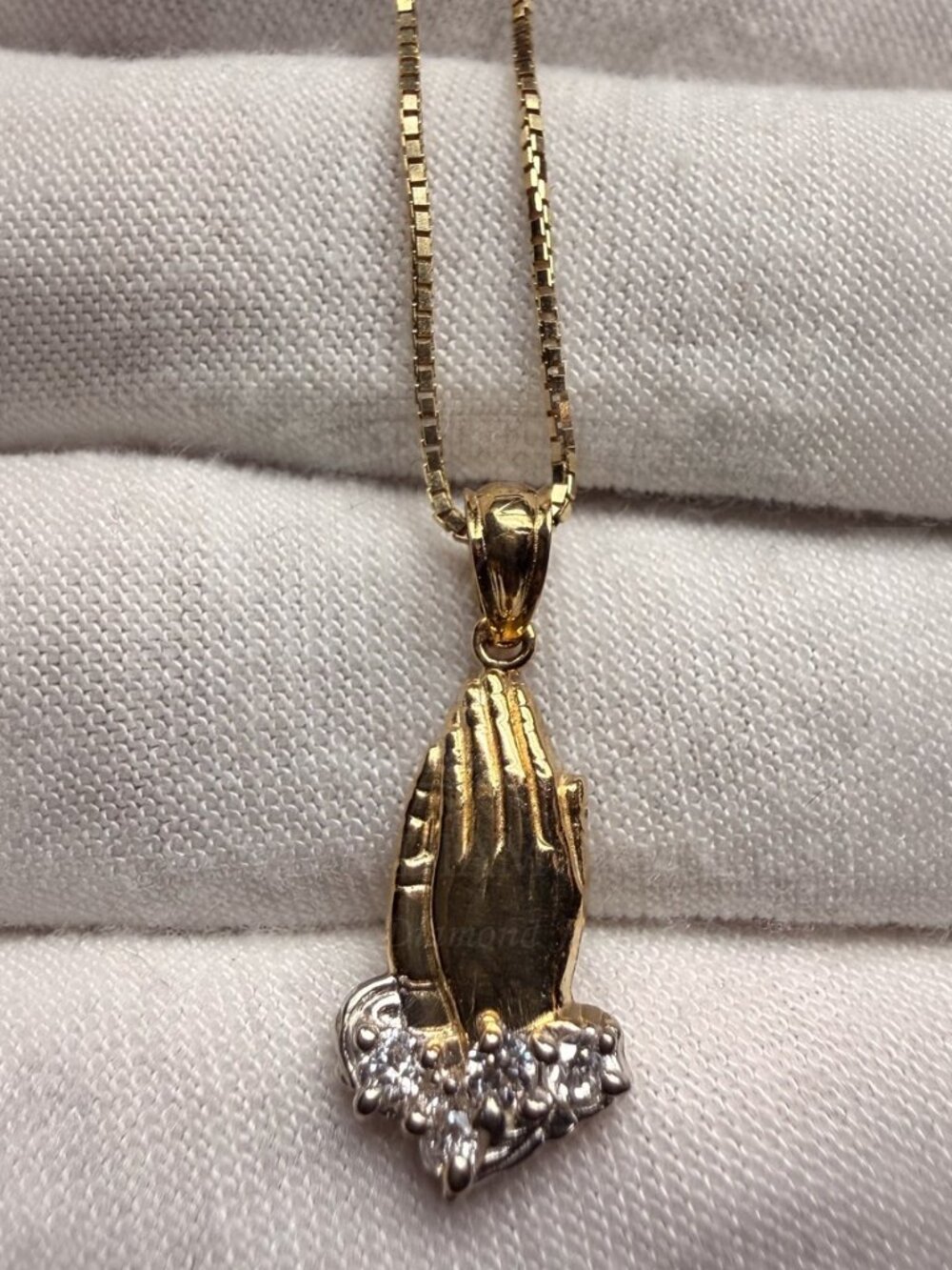 14K Two Tone Gold Cubic Z. Praying Hands Pendant With 0.8mm Box Chain - 24 inch